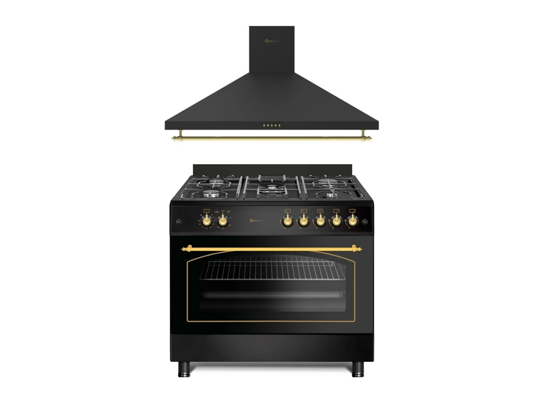 b95323a0e9601fe41464e345e6d9d73f8a402049 Estufa de gas Combo Pack F9l50g2rb con horno panorámico, campana rústica negra decorativa H90pr - Imagen 1